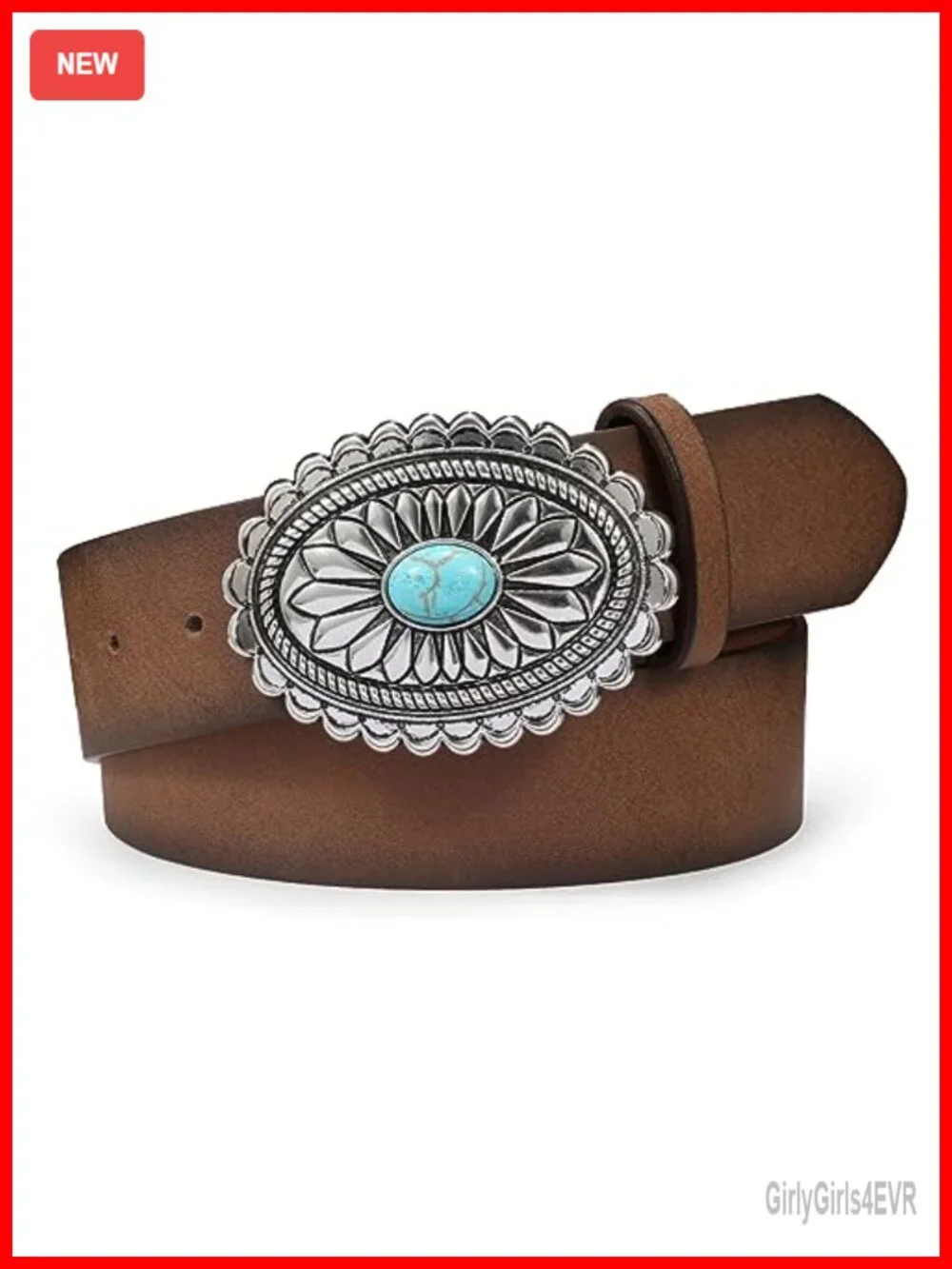 Vintage Western Faux Leather Belt with Turquoise Oval Buckle - Adjustable
